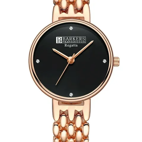 BARKERS OF KENSINGTON REGATTA BLACK DIAL ROSE GOLD STRAP WRISTWATCH