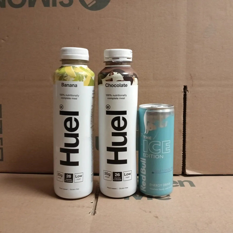 APPROXIMATELY 10 ASSORTED FOOD AND DRINK ITEMS TO INCLUDE HUEL, RED BULL, ETC, ETC