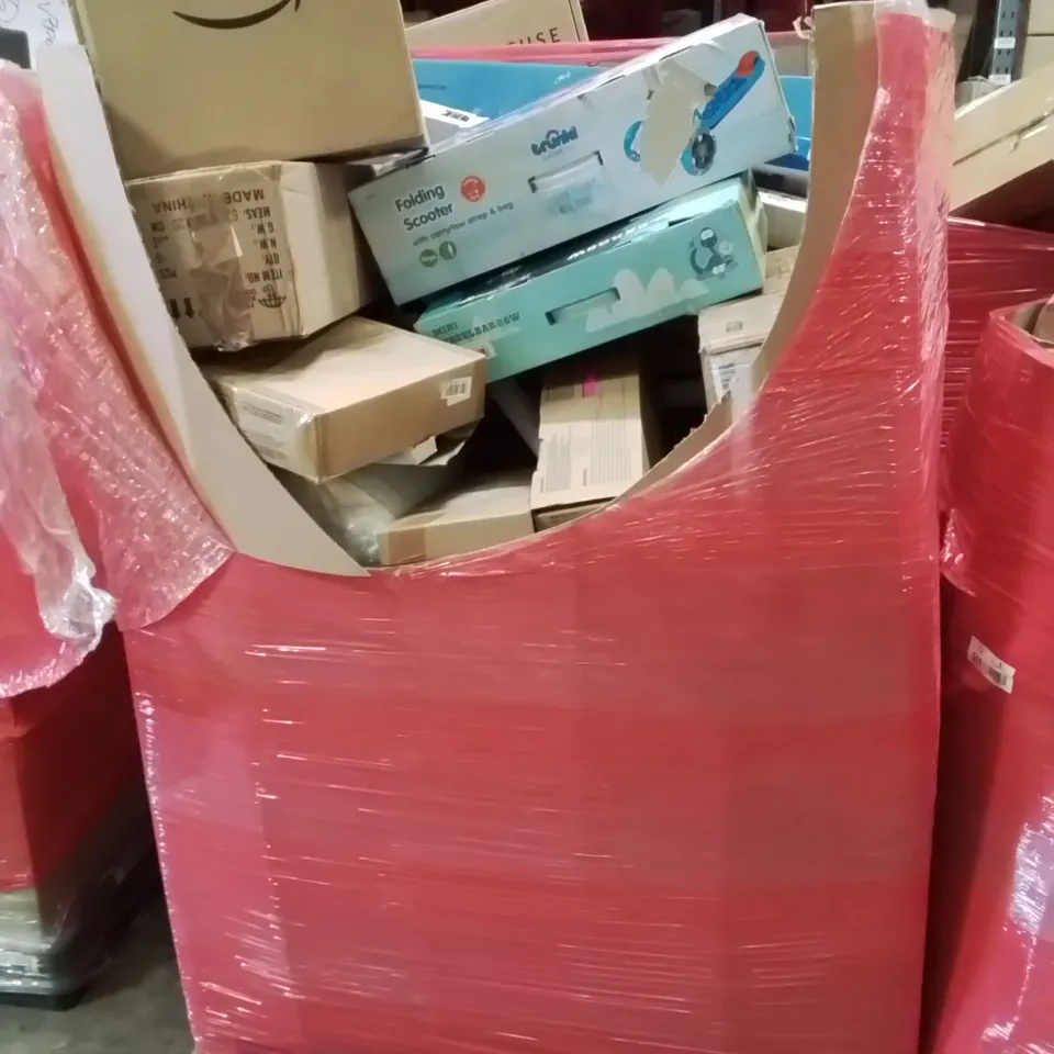 PALLET CONTAINING VARIOUS ASSORTED BOXED HOUSEHOLD ITEMS TO INCLUDE: KIDS SCOOTERS, KIDS WHEEL BARROW, ADJUSTABLE DUMBELL SET, RETRACTABLE SAFETY GATES AND LOTS MORE UNMARKED BOXED ITEMS 