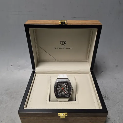 MENS AUTOMATIC DESCHAMPS & CO WATCH – SKELETON DIAL – GLASS EXHIBITION BACK CASE – RUBBER STRAP – WOODEN GIFT BOX