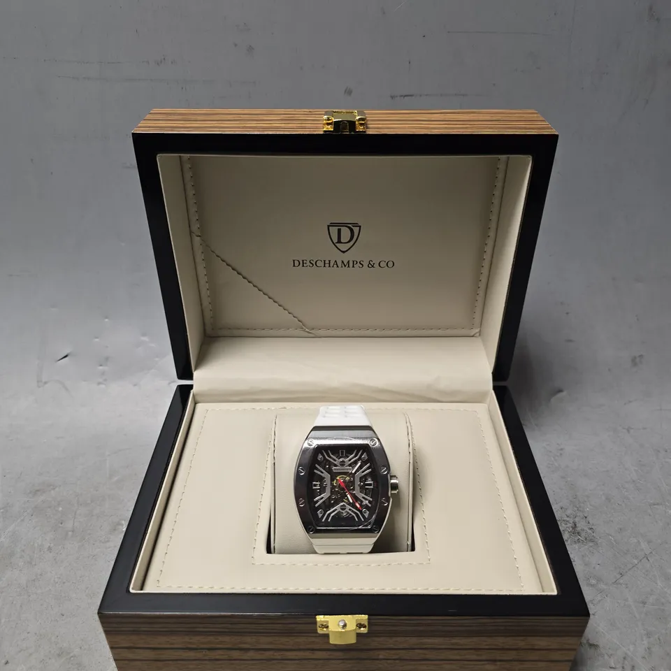 MENS AUTOMATIC DESCHAMPS & CO WATCH – SKELETON DIAL – GLASS EXHIBITION BACK CASE – RUBBER STRAP – WOODEN GIFT BOX