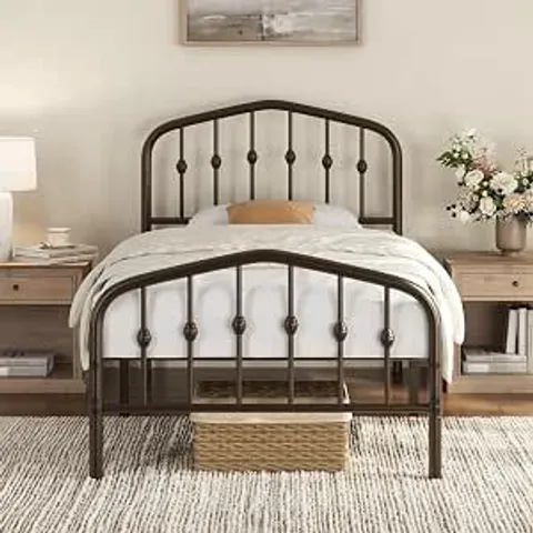 BOXED YAHEETECH 3FT SINGLE METAL BED FRAME WITH CROWN-INSPIRED DESIGN, BRONZE