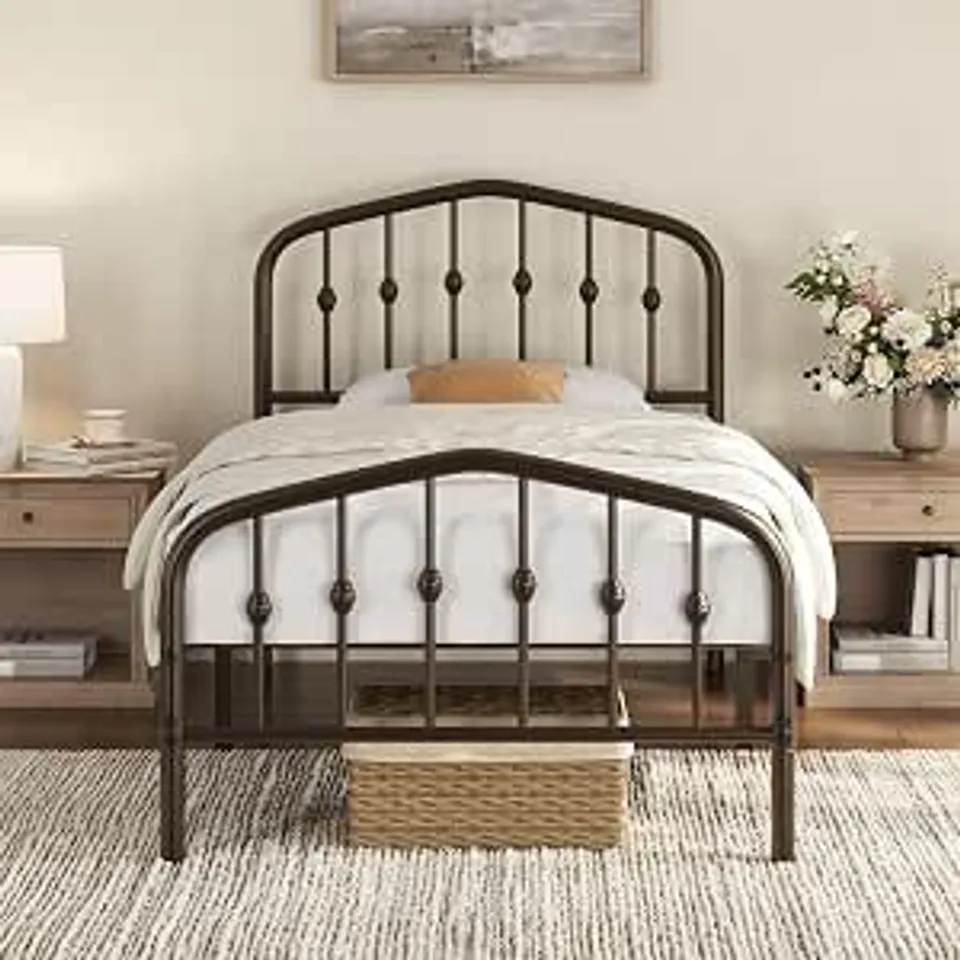 BOXED YAHEETECH 3FT SINGLE METAL BED FRAME WITH CROWN-INSPIRED DESIGN, BRONZE