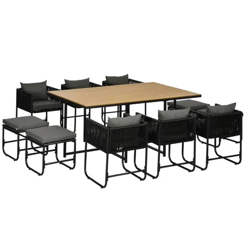 OUTSUNNY 10 SEATER RATTAN CUBE GARDEN FURNITURE SET WITH WOOD GRAIN PLASTIC TOP TABLE, BLACK (3 BOXES)