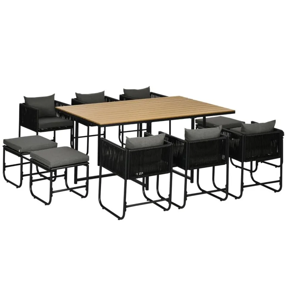 OUTSUNNY 10 SEATER RATTAN CUBE GARDEN FURNITURE SET WITH WOOD GRAIN PLASTIC TOP TABLE, BLACK (3 BOXES)