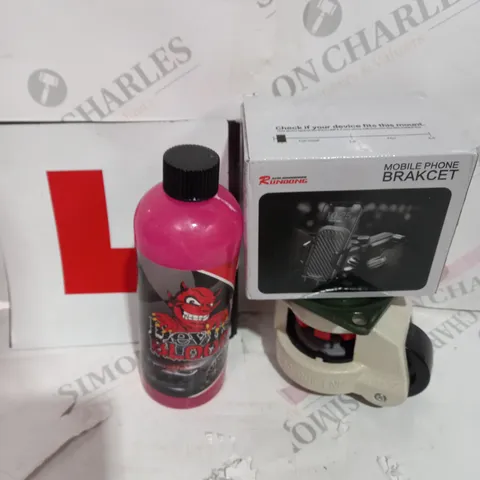 LOT OF ASSORTED ITEMS TO INCLUDE CLEANING SOLUTION- LERNER PLATS - MOBILE PHONE BRACKET / COLLECTION ONLY