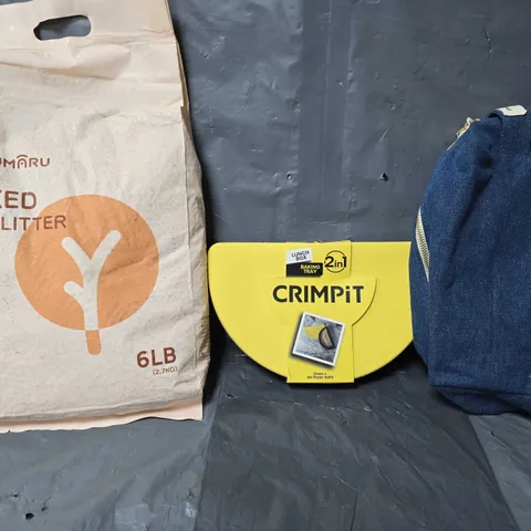 BOX OF APPROXIMATELY 12 ASSORTED ITEMS TO INCLUDE - CRIMPIT 2 IN 1 , FUKUMARU MIXED CAT LITER , MANICURIST WASH BAG ETC