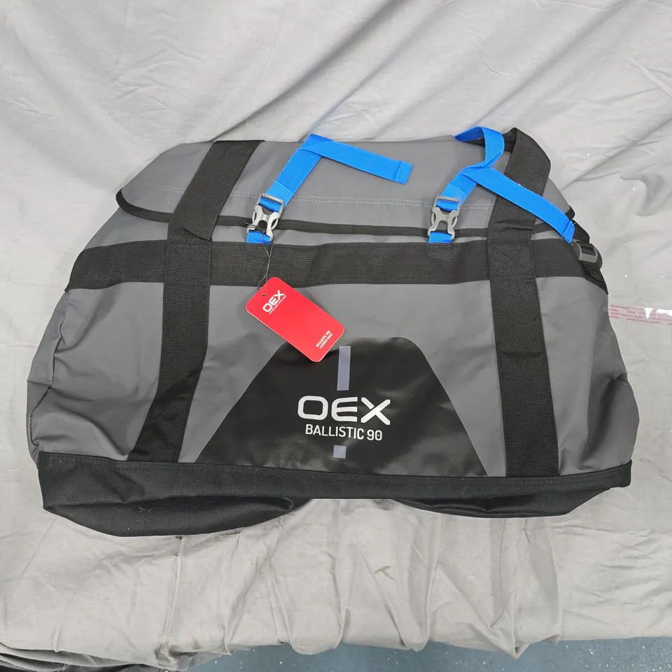 OEX BALLISTIC 90 DUFFLE BAG – GREY/BLACK WITH BLUE STRAPS