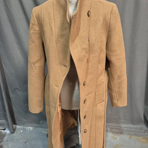 KAREN MILLEN ITALIAN MANTECO WOOL BLEND ASYMMETRIC BUTTON BELTED TAILORED COAT IN CAMEL SIZE 10