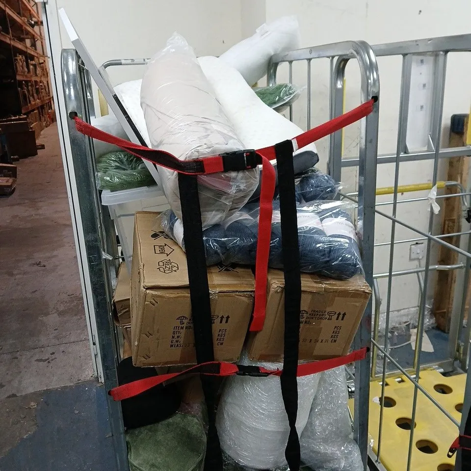 CAGE OF APPROXIMATELY 15 ASSORTED HOUSEHOLD ITEMS INCLUDING SUPER VALUE WOOL , PHOTO FRAMES AND LARGE PLASTIC STORAGE BOX 