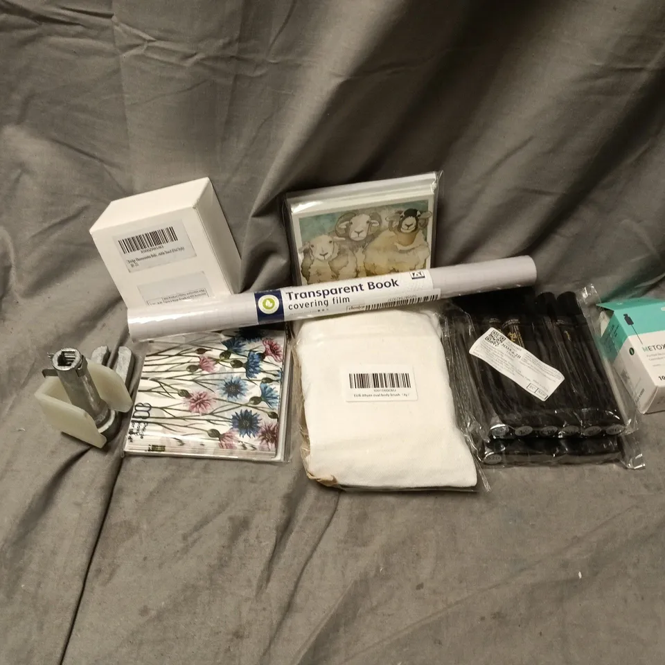 APPROXIMATELY 12 ASSORTED HOUSEHOLD ITEMS TO INCLUDE TRANSPARENT BOOK COVERING FILM, NAIL GEL, FRIDGE THERMOMETER, ETC