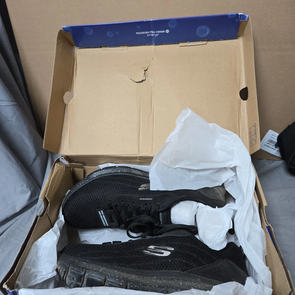 BOX OF ASSORTED CLOTHING ITEMS INCLUDING SKECHERS BLACK TRAINERS, TRETORN WAIST BAG, GREEN PADDED JACKET & PINK GARMENT