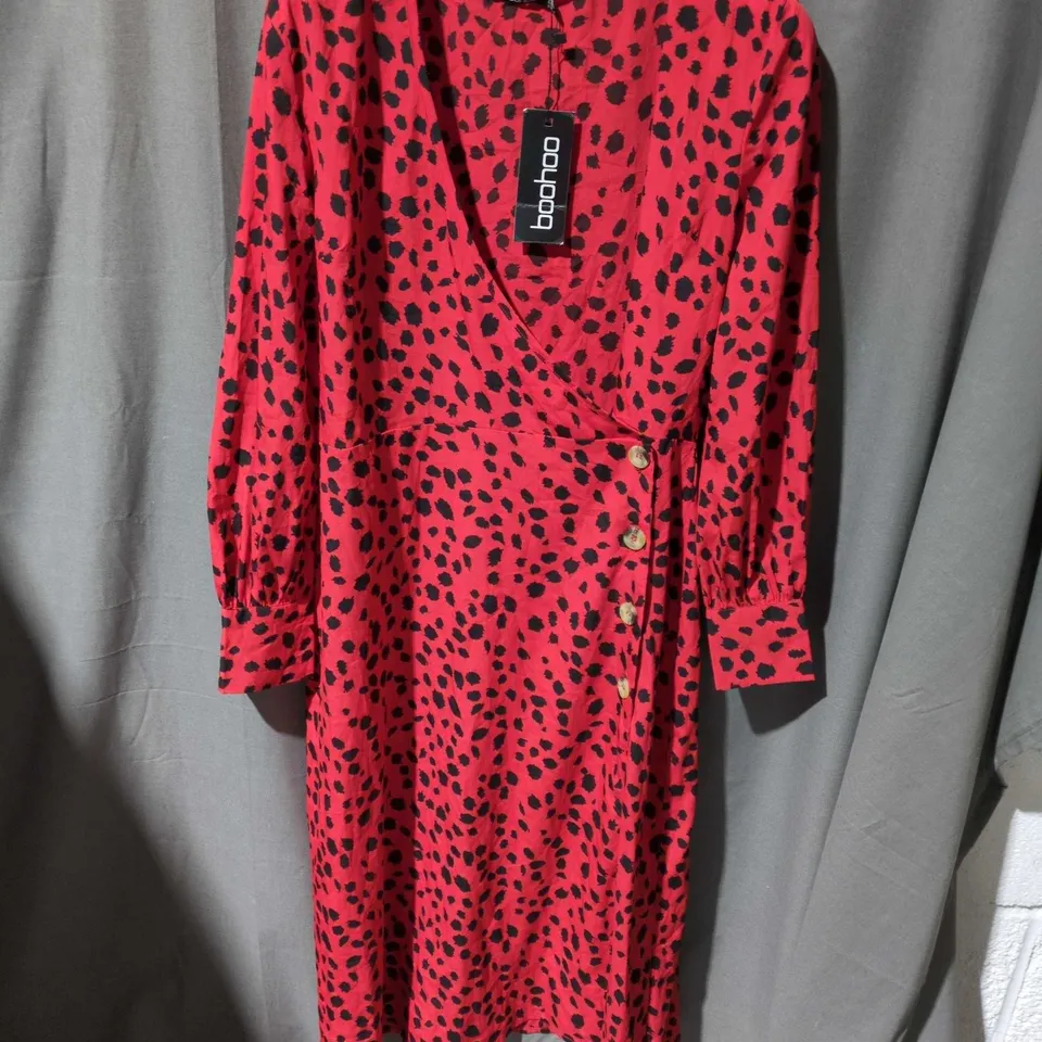 BOOHOO RED LEOPARD PRINT WRAP DRESS – WOMEN’S V-NECK LONG SLEEVE SIZE 