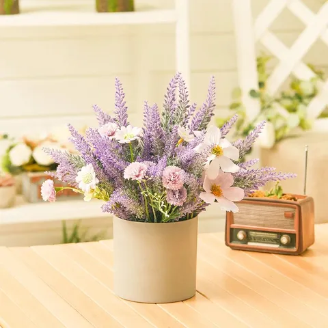 BOXED ARTIFICIAL LAVENDER POTTED PURPLE FLOWER RUSTIC WOOD PLANTER
