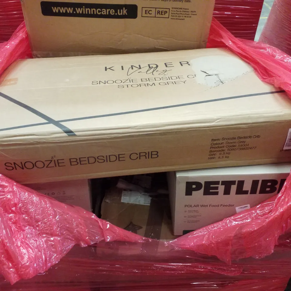 PALLET CONTAINING ASSORTED PRODUCTS INCLUDING PET WET FOOD FEEDERS & BEDSIDE CRIB