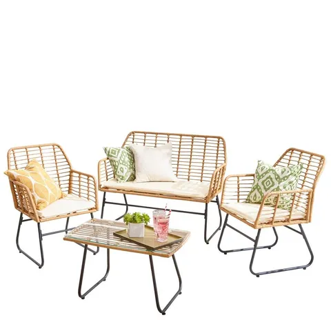  BOXED NEO BEIGE 4 PIECE WICKER BAMBOO STYLE GARDEN SOFA, TABLE & CHAIRS SET