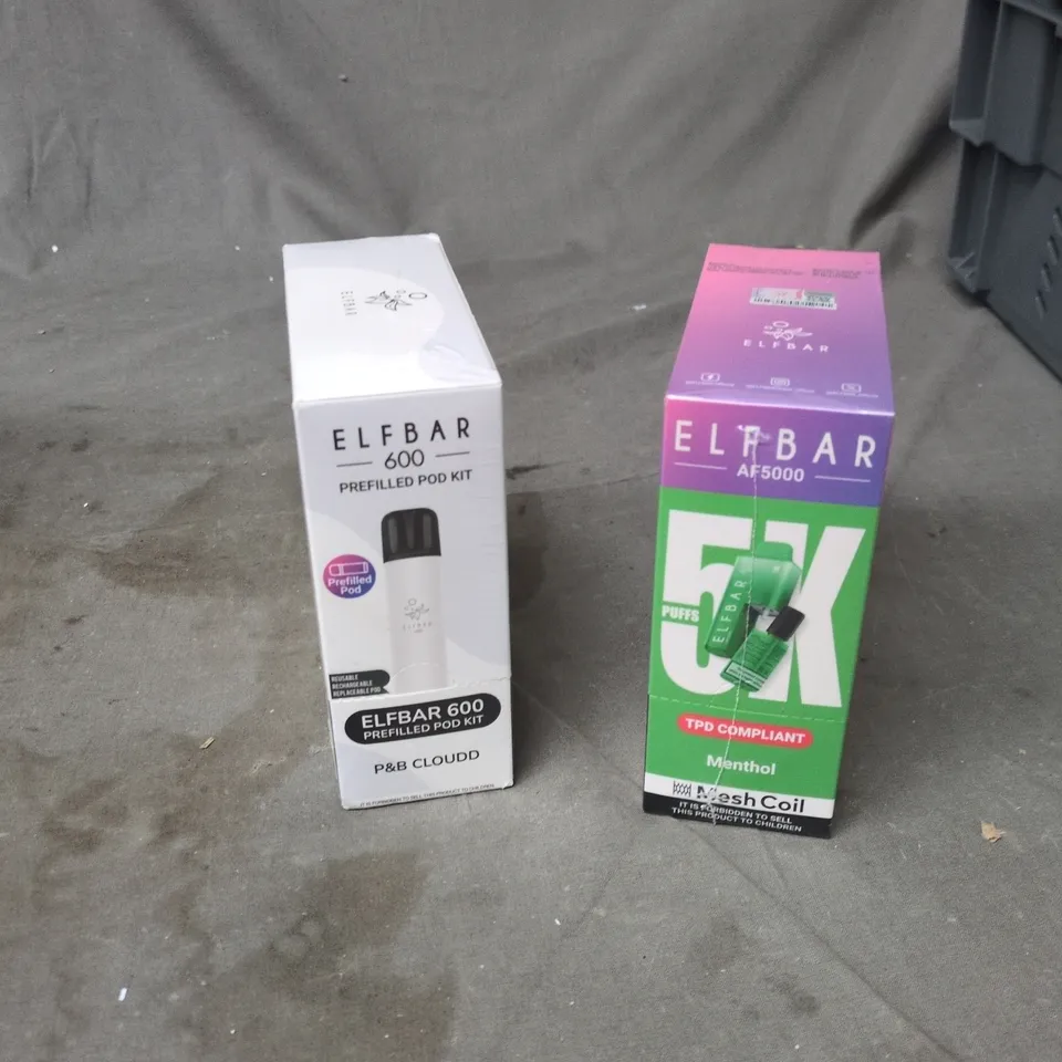 TOTE OF APPROXIMATELY 25 ASSORTED ELECTRONIC CIGARETTE ITEMS TO INCLUDE: ELFBAR 600 PREFILLED POD KIT 