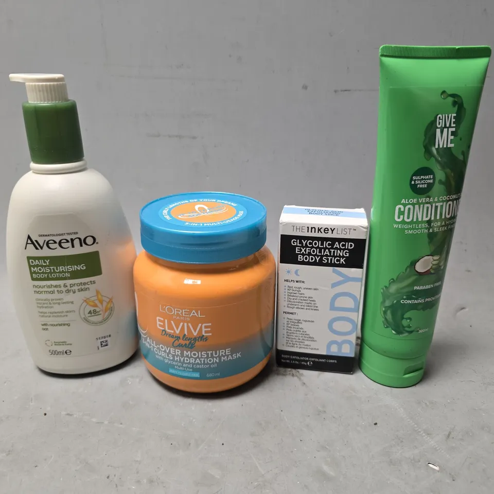 APPROXIMATELY 13 ASSORTED HEALTH & BEAUTY ITEMS TO INCLUDE -GIVE ME CONDITIONER , AVEENO DAILY MOISTURISING , THE INKEY LIST BODY STICK ETC