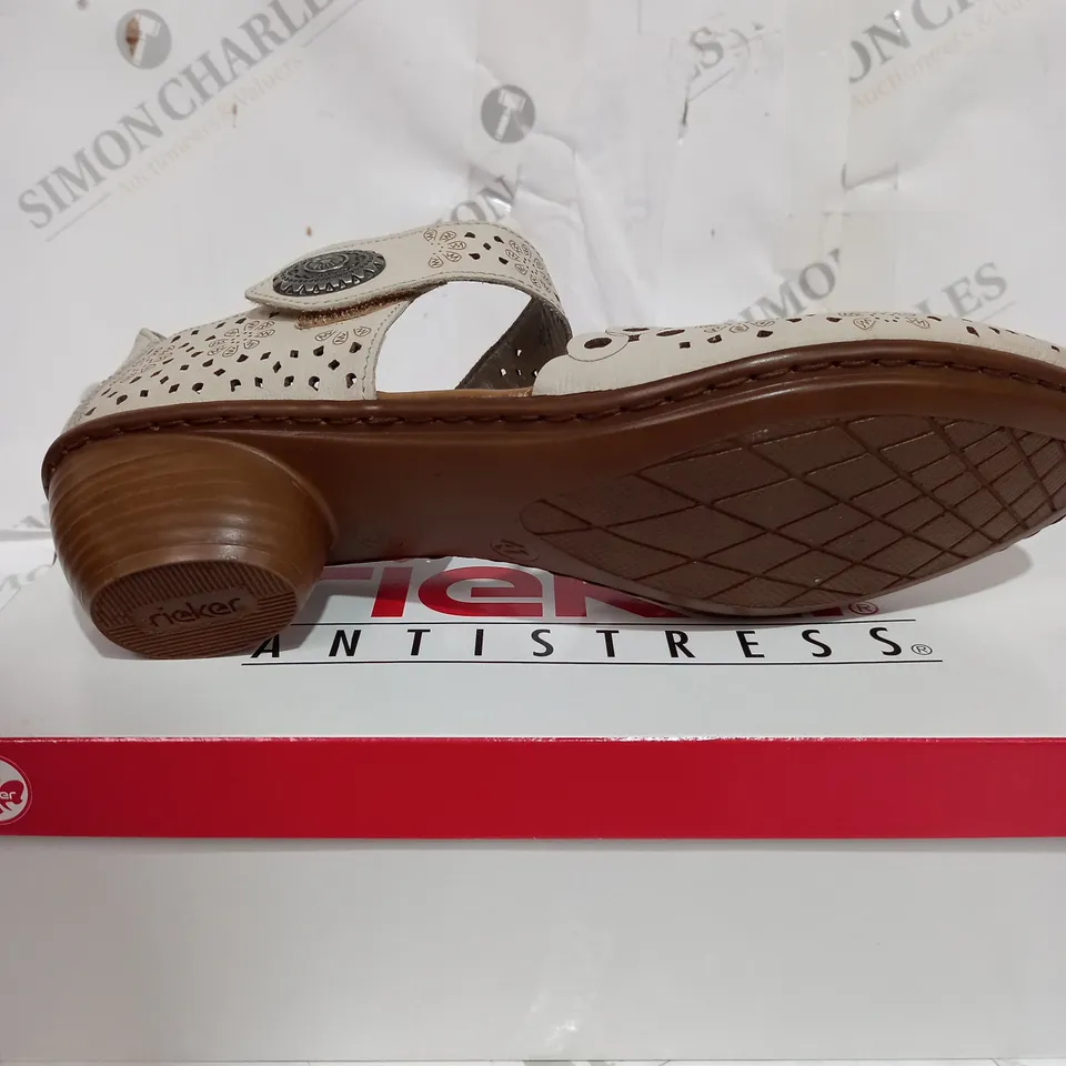 BOXED PAIR OF RIEKER ANTISTRESS HEELED SHOES IN BEIGE - SIZE 7.5