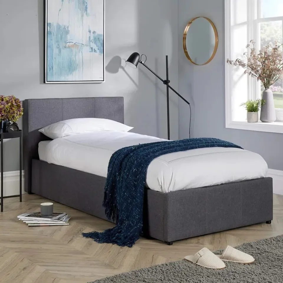 BOXED AQUERA DOUBLE SIDE LIFT GREY FABRIC OTTOMAN STORAGE BED - SINGLE (2 BOXES)