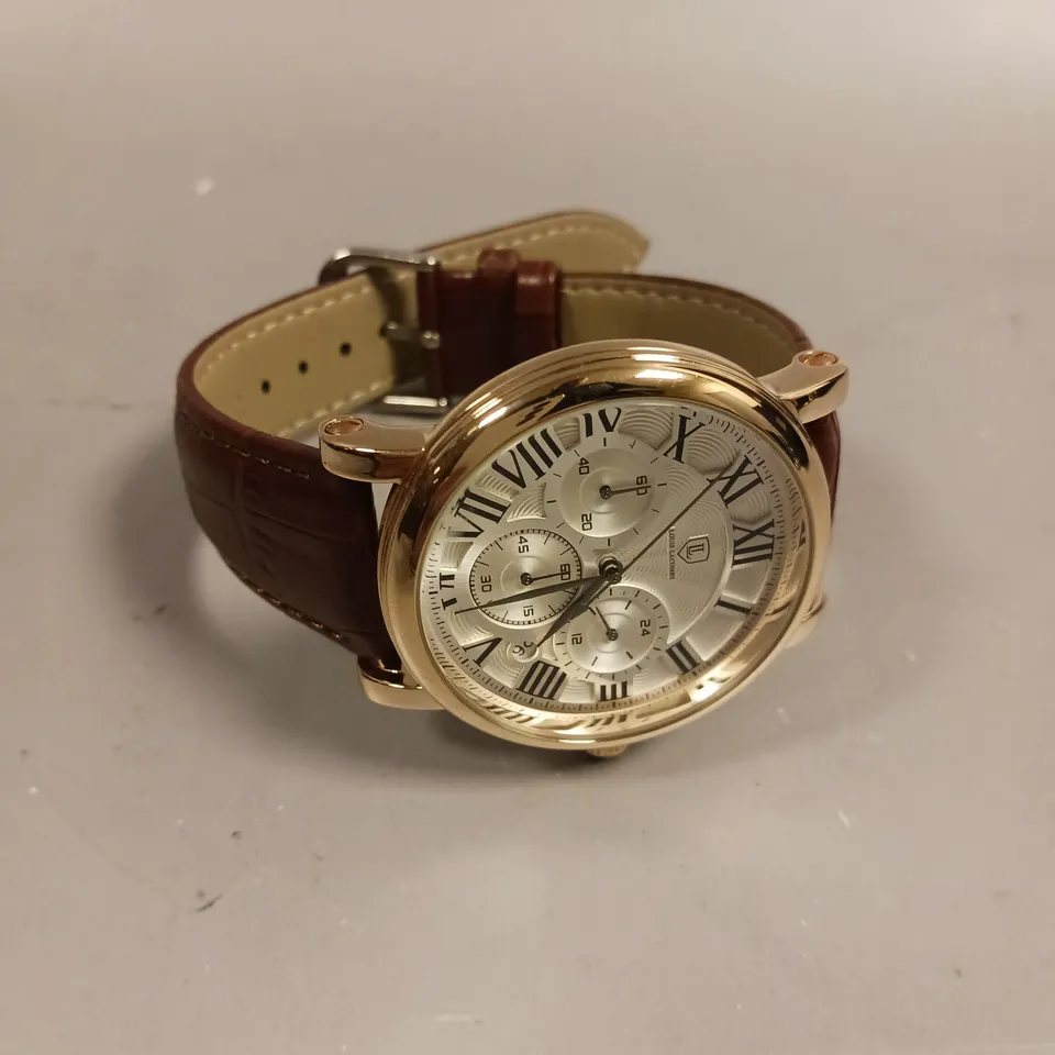 MENS LOUIS LACOMBE CHRONOGRAPH WATCH – MULTI FUNCTION DIAL WITH DATE – ROMAN NUMERAL DIAL – LEATHER STRAP