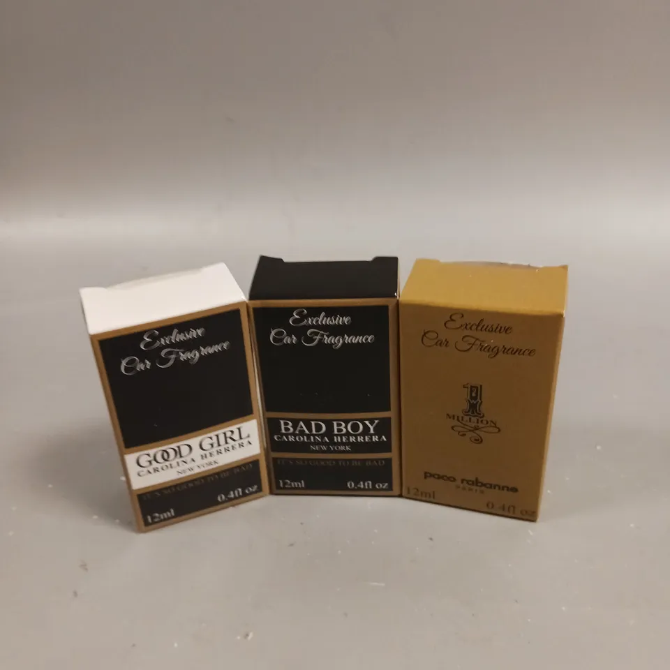 LOT OF 3 EXCLUSIVE CAR FRAGRANCES TO INCLUDE PACO RABANNE AND CAROLINA HERRARA