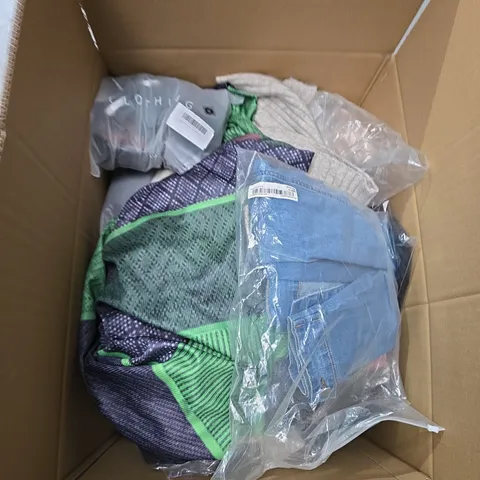 LARGE BOX OF APPROXIMATELY 20 ASSORTED CLOTHING ITEMS IN VARIOUS SIZES, STYLES AND COLOUR