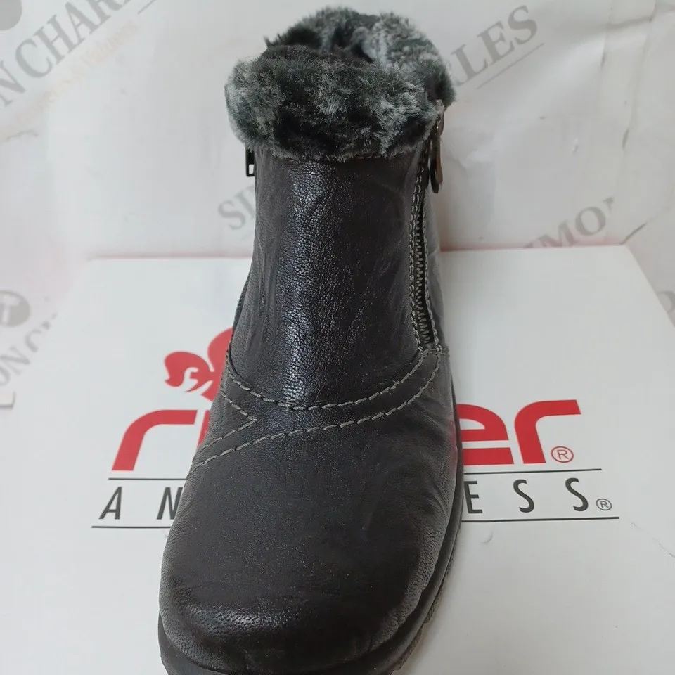 BOXED RIEKER ANKLE BOOTS WITH FUR CUFF, BLACK - SIZE 5