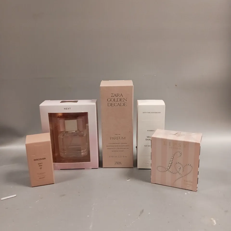 BOX OF 5 ASSORTED PERFUMES TO INCLUDE LIPSY LONDON, ZARA GOLDEN DECADE AND NEXT JUST PINK ETC