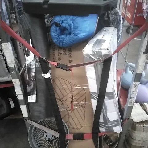 CAGE CONTAININ ASSORTED HOUSEHOLD GOODS WHICH INCLUDE; FANS, CAMPING CHAIRS, PARASOL ETC