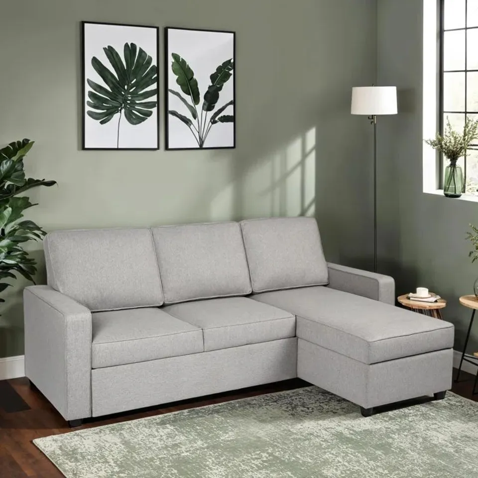 BOXED REFIKA 3 SEATER LINEN CORNER SOFA BED - LIGHT GREY (2 BOXES)