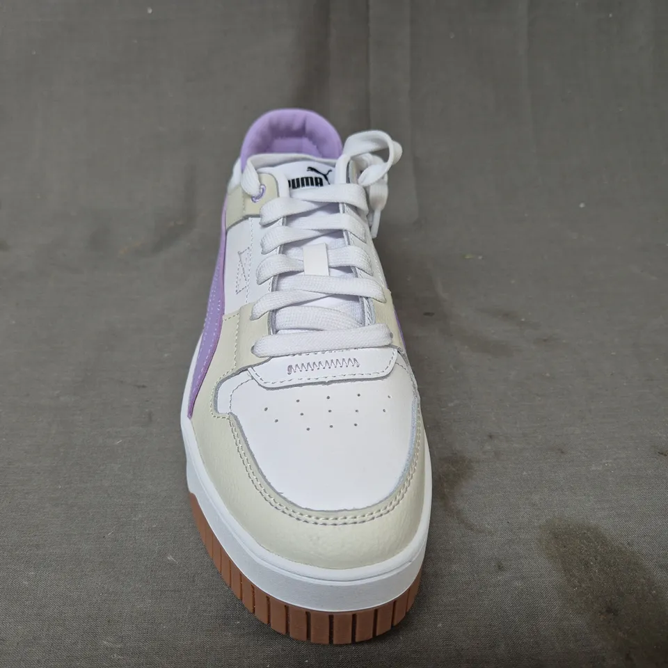 BOXED PAIR OF PUMA CARINA STREET SHOES IN WHITE/CREAM/PURPLE UK SIZE 7