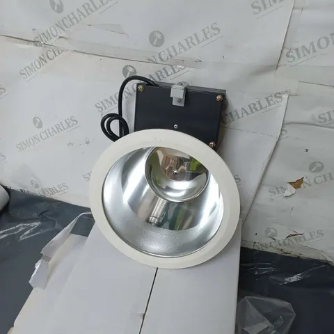 lot containing 15 large wall mounted spotlights, and 30 grey/silver emcolite light switches