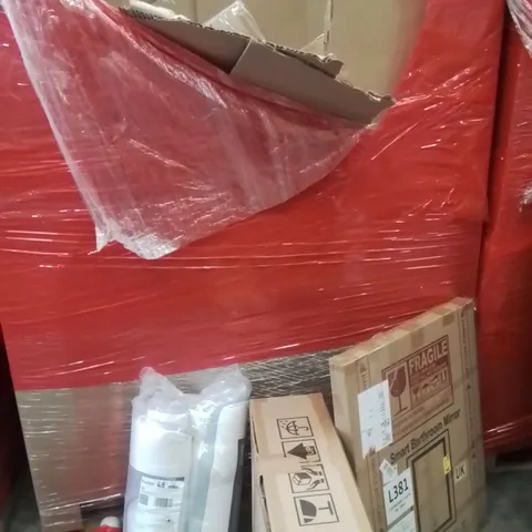 PALLET OF ASSORTED HOUSEHOLD GOODS AND PRODUCTS TO INCLUDE;SMART BATHROOM MIRROR,CEILING FAN WITH LIGHT,PILLOWS