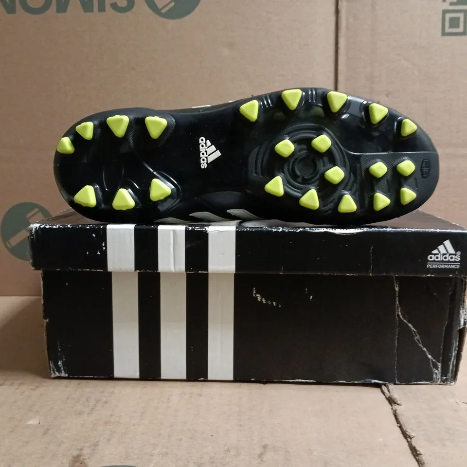 BOXED PAIR OF ADIDAS 11NOVA TRX AG J FOOTBALL BOOTS IN BLACK/LIME SIZE UK 5.5