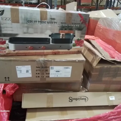 PALLET CONTAINING VARIOUS ASSORTED BOXED HOUSEHOLD ITEMS TO INCLUDE: CEILING FAN AND LIGHT, SPLIT TYPE MULTIPURPOSE POT AND LOTS MORE UNMARKED BOXED ITEMS 