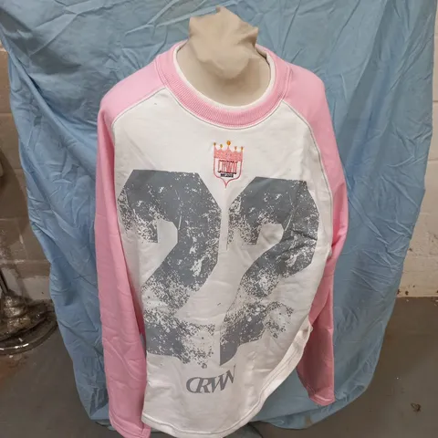 CRWN RAGLAN SWEATSHIRT – PINK SLEEVES, WHITE BODY WITH DISTRESSED 92 PRINT – UK SIZE S