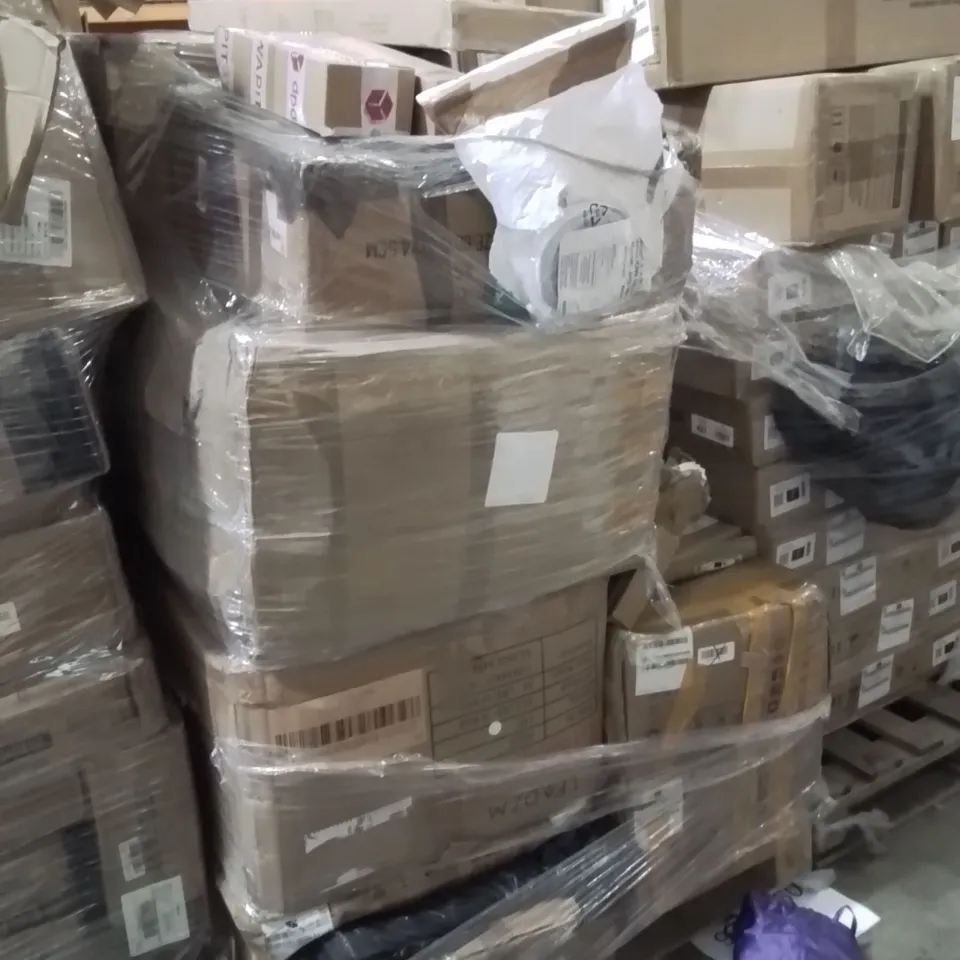PALLET OF ASSORTED HOUSEHOLD GOODS AND PRODUCTS TO INCLUDE;FLOATING SHELVES,PLASTIC FILM CUTTER,WINDOW SEALANT