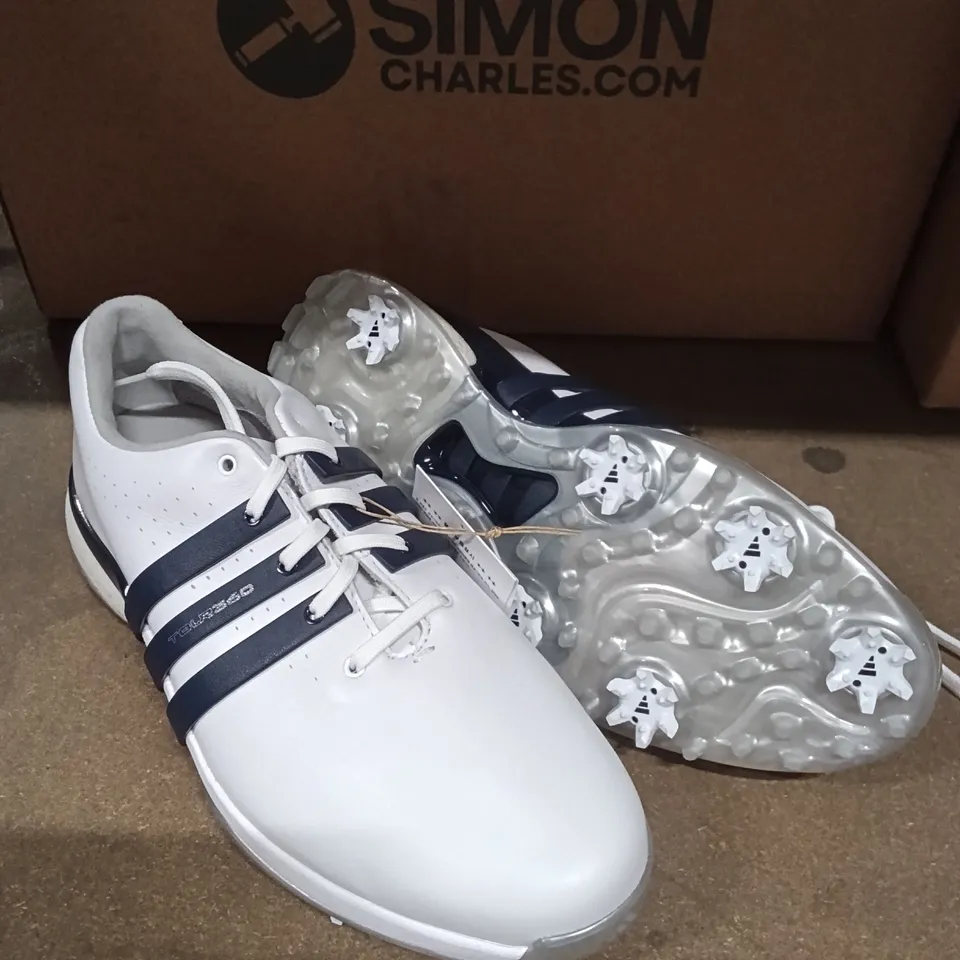 ADIDAS TOUR360 24 GOLF SHOES – WHITE WITH NAVY STRAPS, UK 8.5