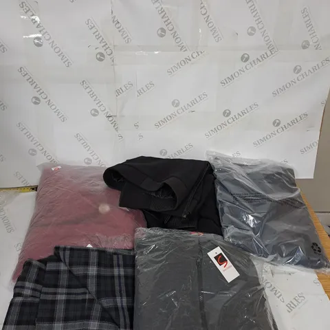 LARGE BOX OF ASSORTED CLOTHING ITEMS IN VARIOUS COLOURS AND SIZES INCLUDING TROUSERS , TOPS AND JUMPERS