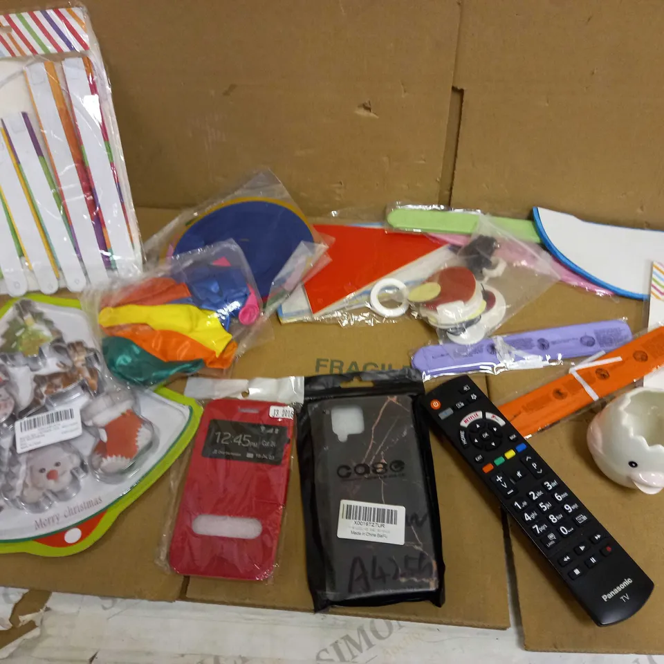 BOX OF APPROX 20 ASSORTED HOUSEHOLD AND CRAFT ITEMS TO INCLUDE PANASONIC TV REMOTE, ASSORTED COLOUR BUNTING, MOBILE PHONE CASE
