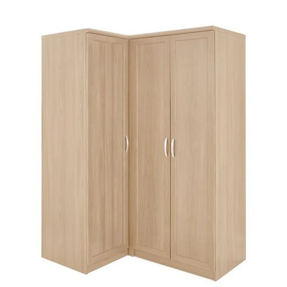 BOXED CAMBERLEY CORNER WARDROBE WITH HANGING RAILS AND LOW SHELVES - OAK (3 BOXES)