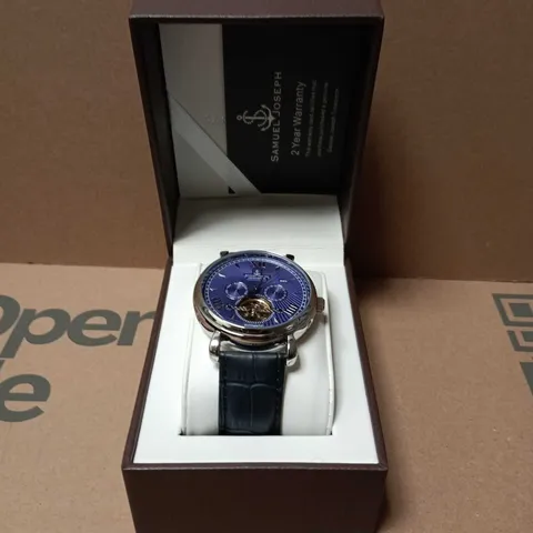 BOXED SAMUEL JOSEPH AUTOMATIC LIMITED EDITION SILVER WATCH WITH BLUE DIAL