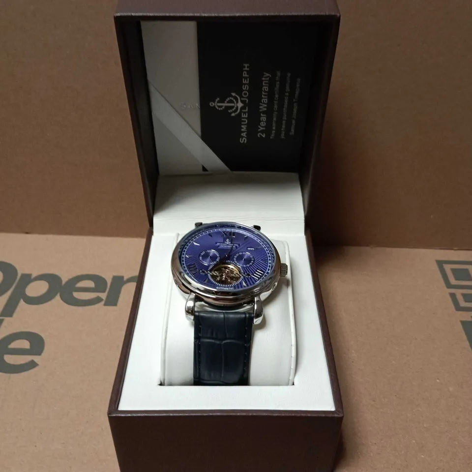 BOXED SAMUEL JOSEPH AUTOMATIC LIMITED EDITION SILVER WATCH WITH BLUE DIAL