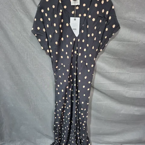 HUSH AMELIA PRINTED MAXI DRESS – PAINTED POLKA, NAVY WITH PALE PINK DOTS, UK SIZE 10
