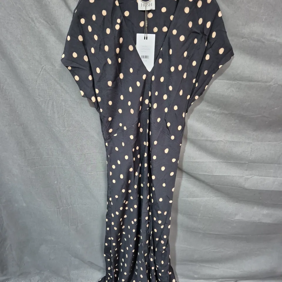 HUSH AMELIA PRINTED MAXI DRESS – PAINTED POLKA, NAVY WITH PALE PINK DOTS, UK SIZE 10