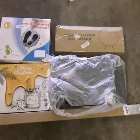PALLET OF ASSORTED PRODUCTS INCLUDING ROUND BALLOON ARCH STAND, WARM FOOT BOTTOM CURE MASSAGER, DISH DRYING RACK, HONEY ADVENT CALENDER, METAL CURTAIN POLE