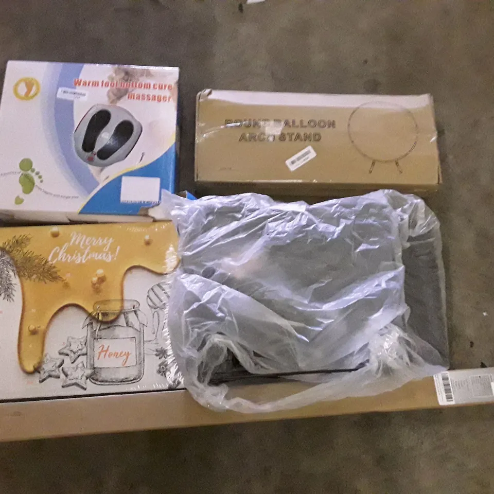 PALLET OF ASSORTED PRODUCTS INCLUDING ROUND BALLOON ARCH STAND, WARM FOOT BOTTOM CURE MASSAGER, DISH DRYING RACK, HONEY ADVENT CALENDER, METAL CURTAIN POLE 