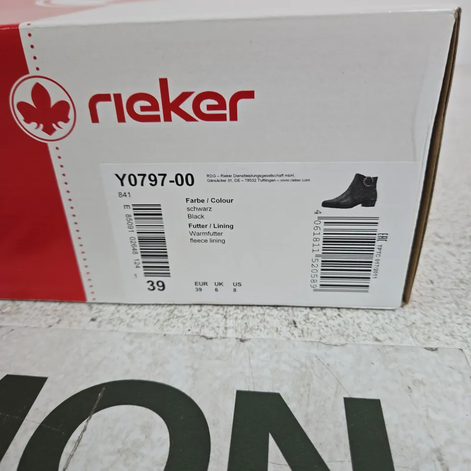 RIEKER WOMEN'S BLACK LEATHER ANKLE BOOTS WITH BEAD DETAIL – UK 6 (EU 39)