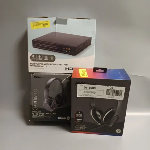 APPROXIMATELY 20 ASSORTED TECH PRODUCTS TO INCLUDE GAMING HEADSET, WIRELESS HEADPHONES, DVD PLAYER